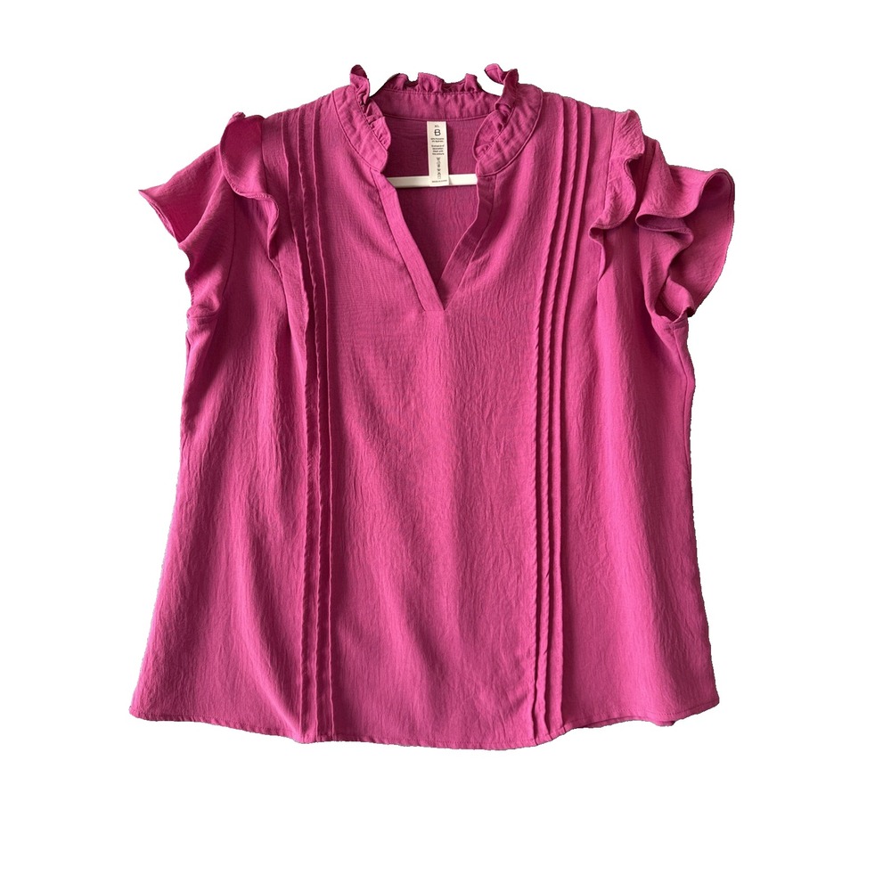BloomChic Blouse Hot Pink Pintuck Pleated Top Ruffle Flutter Sleeve XL Cottage